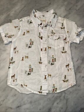 Button-Down Kids' White Shirt with Playful Dog & Boy Print